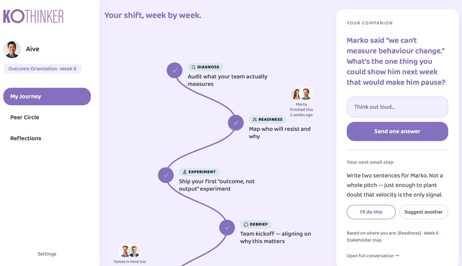 KoThinker product: visual shift journey with peer circle and AI companion